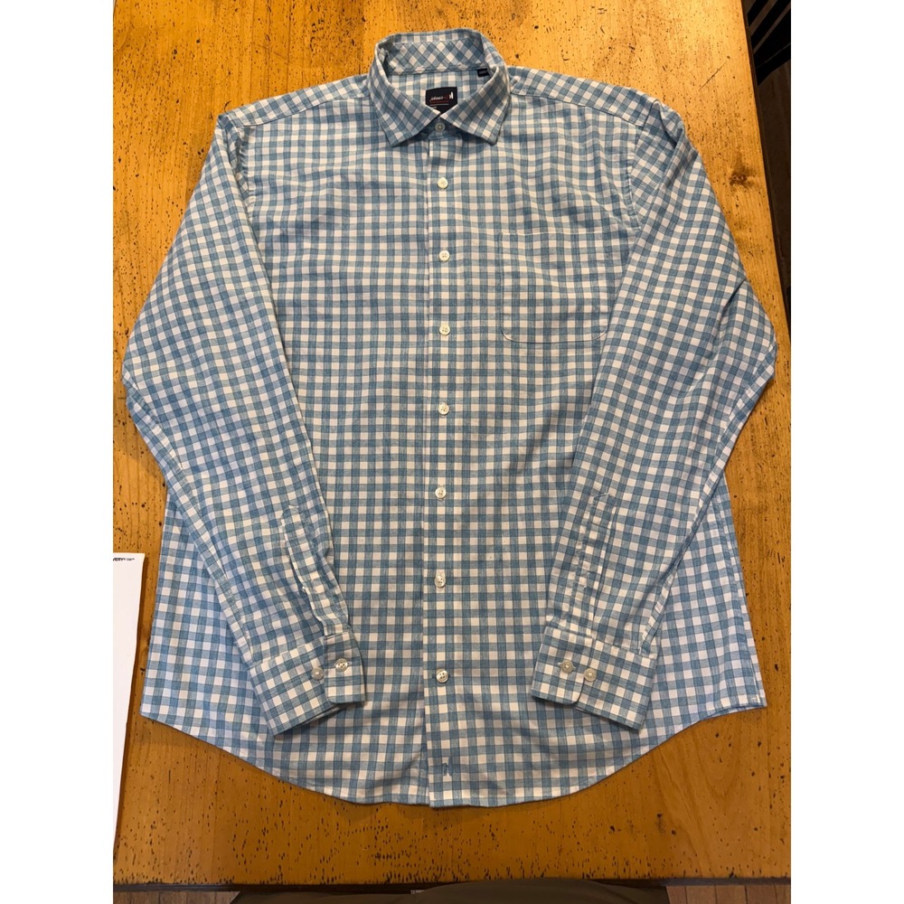 Johnnie-O Performance Size Large Light Blue Gingham Long Sleeve Button Down